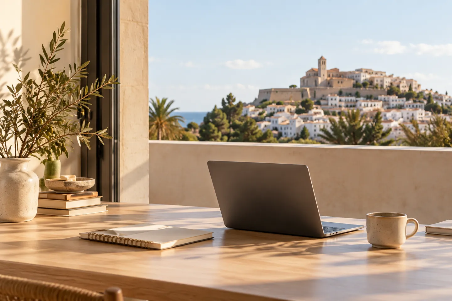 Mesa de trabajo junto a una ventana con vistas a Dalt Vila, Ibiza